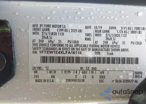 2020 Ford F-150 Lariat from USA, damaged, VIN 1FTEW1E4XLFA16116